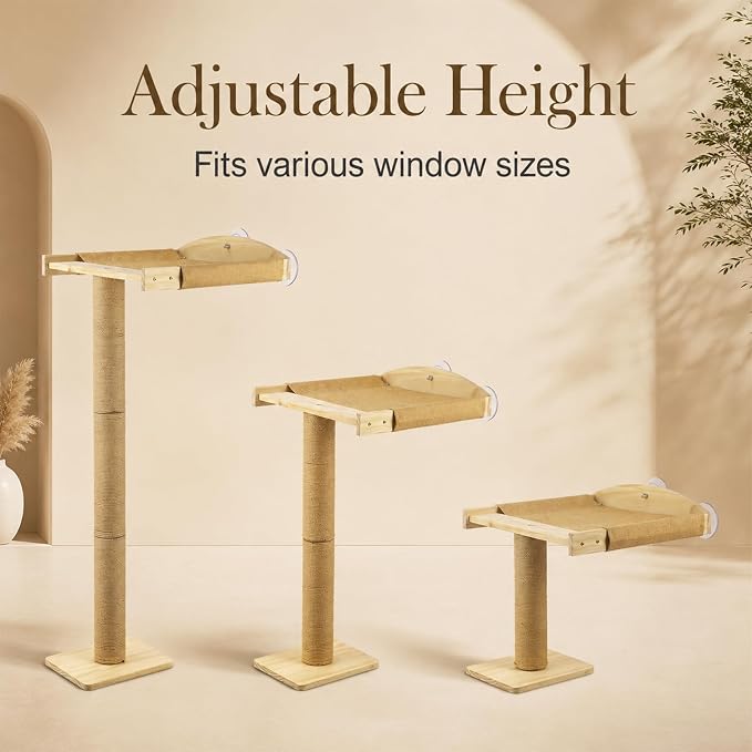 Cat Window Perch with Tall Scratching Post, Solid Wood Window Perch for Cats with Heavy Duty Suction Cups, Indoor Cat Tree for Sleeping, Playing, Sunbathing