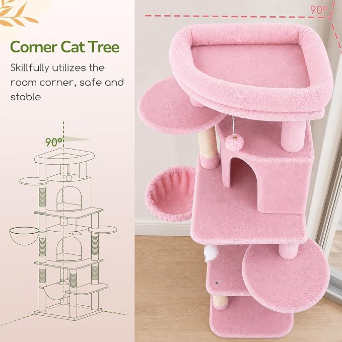 Globlazer 66in Pink Corner Cat Tree Tower for Indoor Large Cats, C66, Pink | Space-Saving Stable Cute Cat Tower with 6 Scratching Posts, 2 Large Fan-shaped Condos & Top Perch, Hammock, Climbing Steps