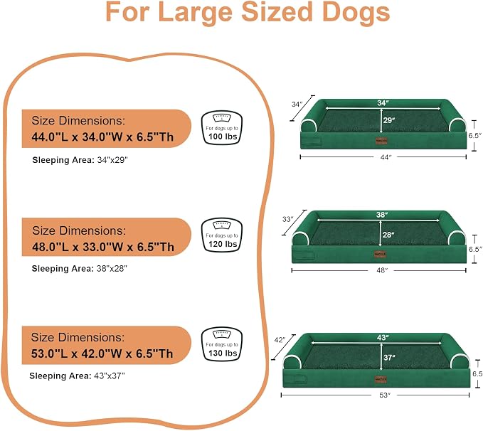 NANUYA Orthopedic Dog Bed for XX-Large Dogs, 44 x 34 Inch, Emerald | Egg crate foam for joint support, 3-sided bolster pet sofa, waterproof lining, washable cover, and non-skid base