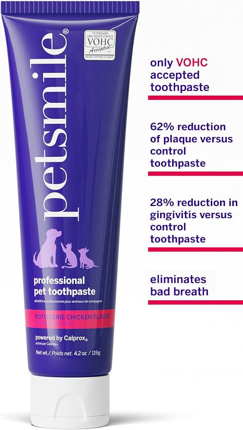 petsmile Professional Pet Teeth Brushing Kit for Cats & Dogs - VOHC Accepted Toothpaste & Patented Toothbrush - Proven to Control Plaque & Tartar Calprox Formula (Rotisserie Chicken, 4.2 Oz)