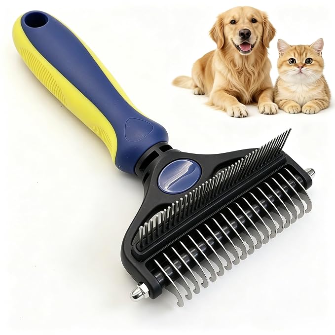 2-in-1 Pet Grooming Comb, Undercoat Rake & Deshedding Brush for Dogs&Cats | Safely remove loose undercoat & mats . reduces shedding by 95% without hurting skin. Ideal for medium & long hair pets，blue