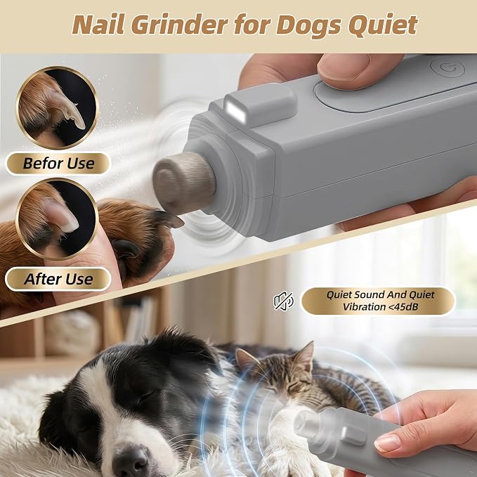 2-in-1 Quiet Electric Pet Nail Clipper & Grinder with Light for Dogs Cats | 3-Speed Grinding, Nail Catcher, Safety Guard, Low-Noise Motor, USB Rechargeable Design for Stress-Free Home Grooming