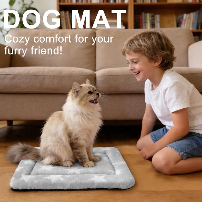 Dog Bed Mat – Soft & Comfortable Dog Kennel Pad for Crate – Durable Crate Bed & Mat for Dogs & Cats – Ideal for Crate, Kennel, and Home Use (Big&Little Stars Grey, XS(18"*14"*1.5"))