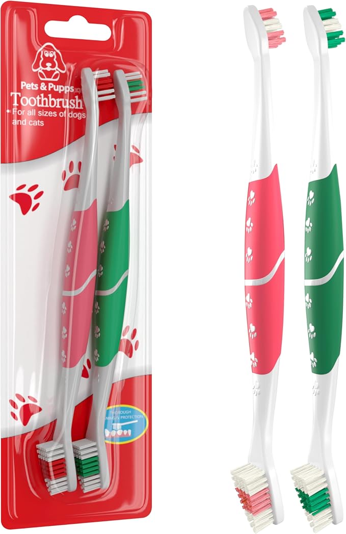 Pet Toothbrush for Dogs, Cats with Soft Bristles - Easy Teeth Cleaning & Dental Care, Non Slip Dual Head Dog Toothbrush for Medium & Large Pets, Toothpaste Not Included, Pack of 2 Pink & Green