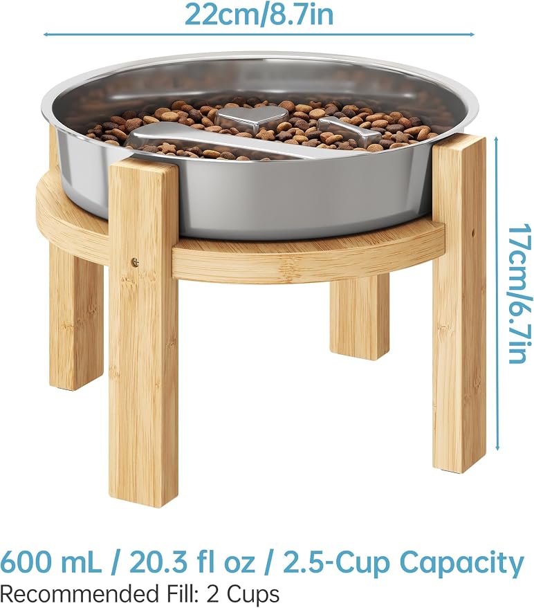 ZooZoo Elevated Slow Feeder Dog Bowl Stainless Steel with 7in Bamboo Stand | Food Grade Rustproof Dishes For Small Medium Pets, Non-Slip Base Protects Floors, Easy To Clean For Healthy Eating