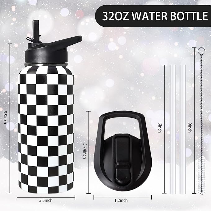 32oz Checkered Stainless Insulated Aater Water Bottle with Straw,Checkered Gym Hiking Sports Coffee Mug Cup Water Bottles,Checkered Gifts for Women,Checkered Decor Stuff Accessories