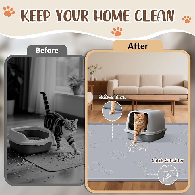 Cat Litter Mat for Litter Box 42" x 28", Large Silicone Mat, Light Grey | Waterproof Litter Trapping Mat with Residue Collection Pocket, Raised Edge, Non-Slip Pet Placemat for Floors