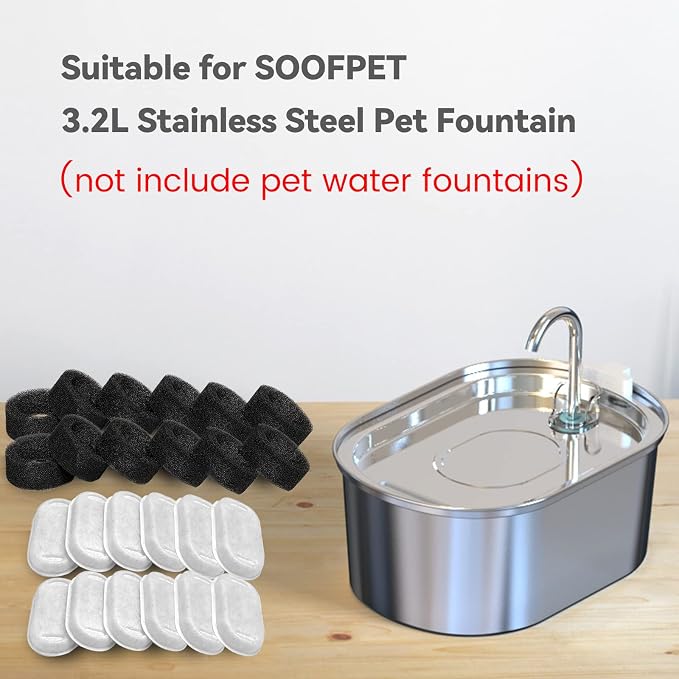 SOOFPET Cat Water Fountain Filters, 24 Pieces (12 Carbon + 12 Sponge), Replacement for 108oz/3.2L Stainless Steel Fountain