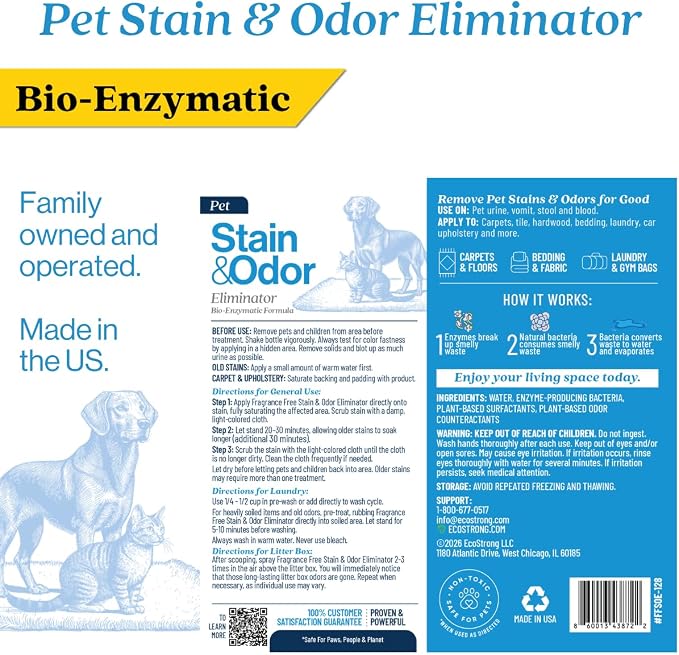 Eco Strong Pet Stain and Odor Remover - Cat Urine Enzyme Cleaner Destroyer, Urine Destroyer for Dogs, Pet Urine Enzyme Cleaner - 128 Oz