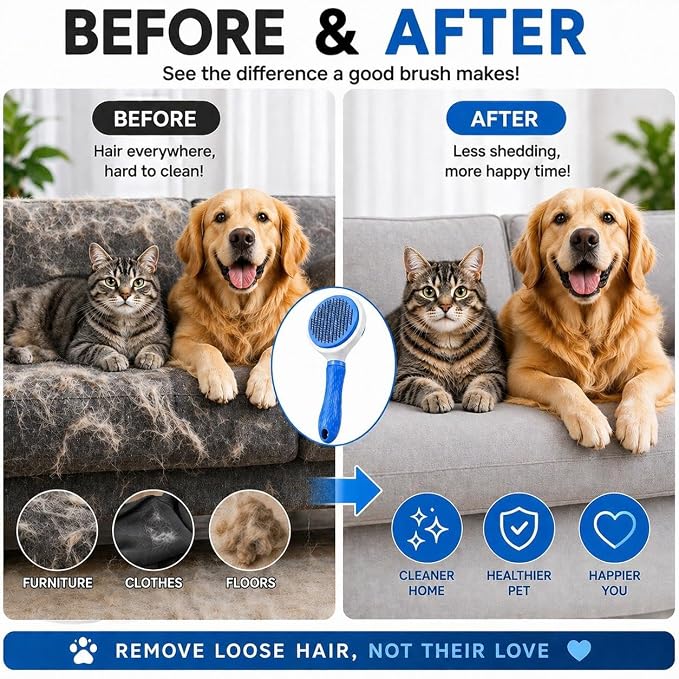 Pet Grooming Deshedding Brush, Self-Cleaning Massaging Brush for Dogs and Cats, Short and Long Hair (Blue)