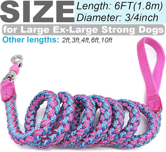 6ft Reflective Large Dog Leash, 3/4" Strong Nylon Thick Rope Braided Heavy Duty for Large Medium Dogs Walking Training Leads (Pink)