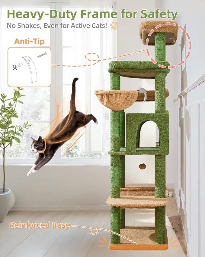 Taoqimiao Heavy-Duty Cat Tree, 71 in Cat Tower for Large Cats 20lbs+ | 3 Giant Multi-Tier Perches, Widened Cat Condo with 9 Scratching Posts, Plush Hammock & Basket, Toys, Cactus, MS034T