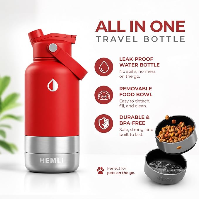 32 oz. Dog Water Bottle, Insulated Dog Travel Water Bottle, Stainless Steel Pet Water Bottle Dispenser Portable Food and Water Bowl for Dogs for Walking Dog Canteen Travel Kit