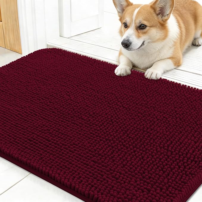 OLANLY Dog Door Mat for Muddy Paws 24x16, Super Absorbent Chenille Mud Mat | Burgundy, Absorbs Moisture and Dirt, Non-Slip Machine Washable Doormat, Quick-Drying Indoor Entryway Floor Carpet for Dogs