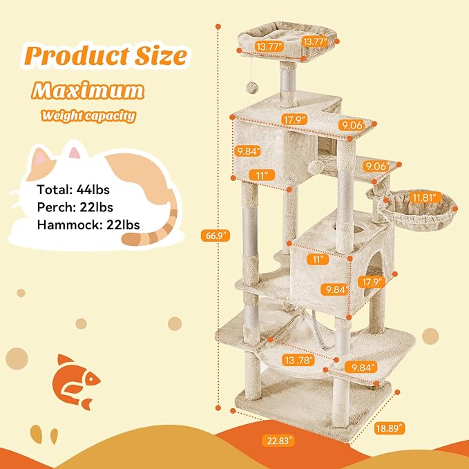 DUMOS 66 Inch Large Cat Tree Tower with Scratching Posts, Indoor Use | Tall Multi Level Cat Climbing Tower with Hammock, Pet Condo for Cats and Kittens Play, Beige