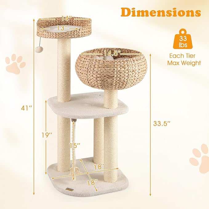 41 Inch Modern Cat Tree for Indoor Cats, Multi-Level Cute Cat Tree with Scratching Posts, Hand-Made Wicker Cat Condo & Top Perch, Dangling Ball, and Sisal Rope, Beige