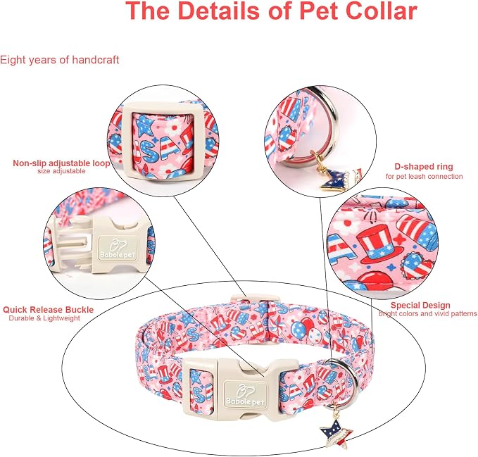 4th of July Dog Collar, Cute Pink Patriotic Dog Collars for Puppy Small Dogs - Independence Day Girly Pup Collars, Soft Adjustable Flag Day Female Dog Collar XS