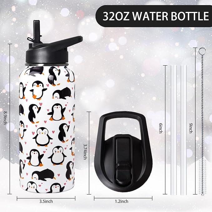 32oz Penguin Stainless Insulated Aater Water Bottle with Straw,Penguin Gym Hiking Sports Coffee Mug Cup Water Bottles,Penguin Gifts for Women,Penguin Decor Stuff Accessories