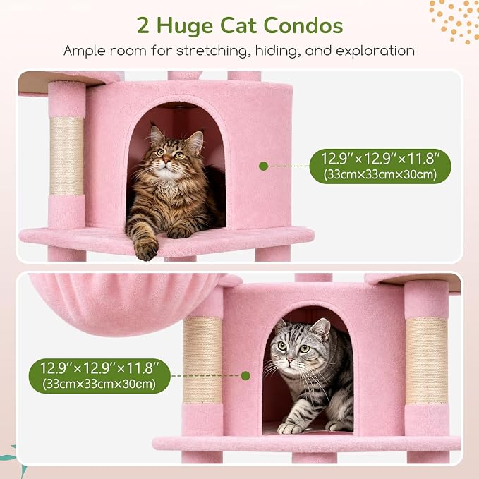Globlazer 66in Pink Corner Cat Tree Tower for Indoor Large Cats, C66, Pink | Space-Saving Stable Cute Cat Tower with 6 Scratching Posts, 2 Large Fan-shaped Condos & Top Perch, Hammock, Climbing Steps