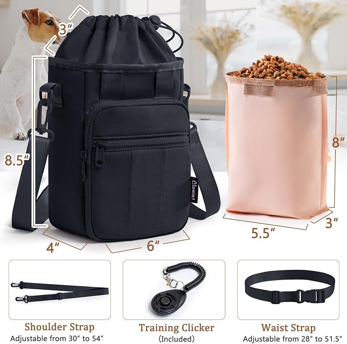 Stylish Dog Training Treat Pouch with Waist & Shoulder Strap, Dog Treat Bag for Walking and Training, Removable Waterproof Liner, Drawstring Treat Holder with Front Pocket & Clicker
