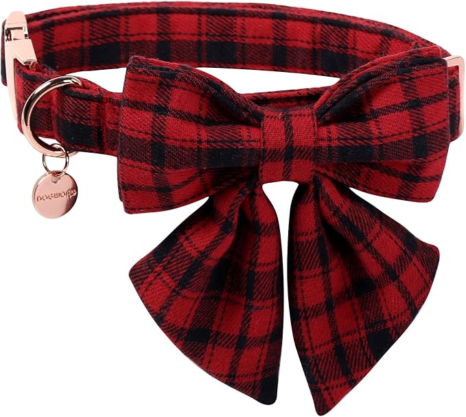 DOGWONG Christmas Dog Collar with Sailor Bow Tie, Red Plaid Dog Collar Durable Metal Buckle Adjustable Red Gingham Dogs Collars for Small Medium Large Dogs, S