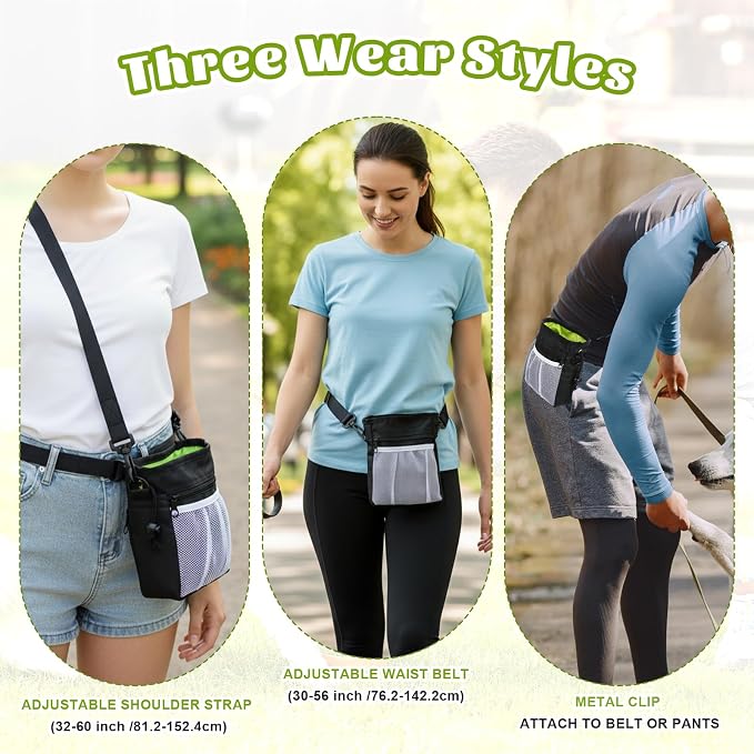 Dog Treat Training Pouch, Dog Treat Pouch Puppy Treats Pouches 3 Ways to Wear for Pet Training with Multiple Pockets Built-in Poop Bag Dispenser
