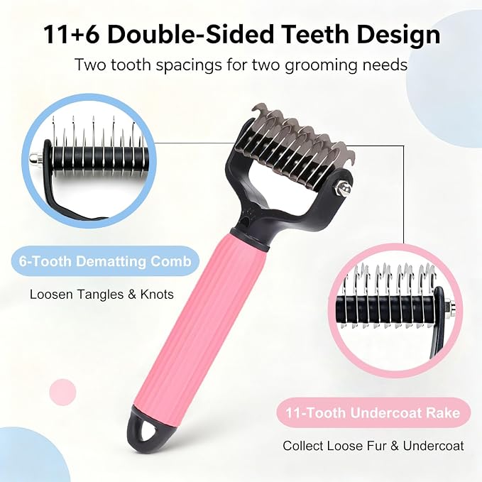 2 Pack Dog & Cat Brush for Shedding, 2-in-1 Undercoat Rake & Dematting Comb | Blue and pink double-sided grooming brushes for tangles, mats and loose undercoat on long, thick or double coats