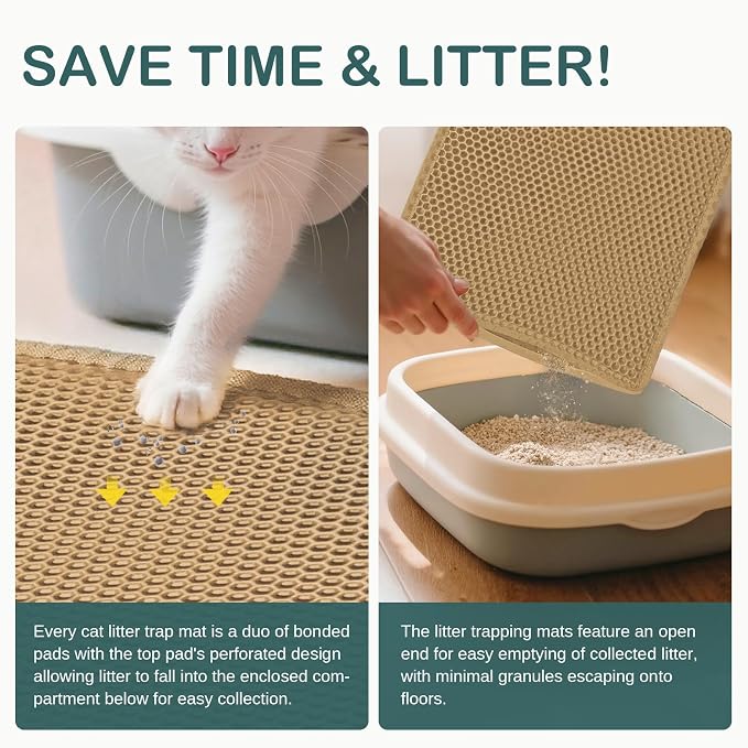 Cat Litter Trapping Mat, Double Layer Waterproof Proof Litter Box mat, Non-Slip Design, Easy to Clean, Beige Cat Box Mat 29.9'' x 24''Inch