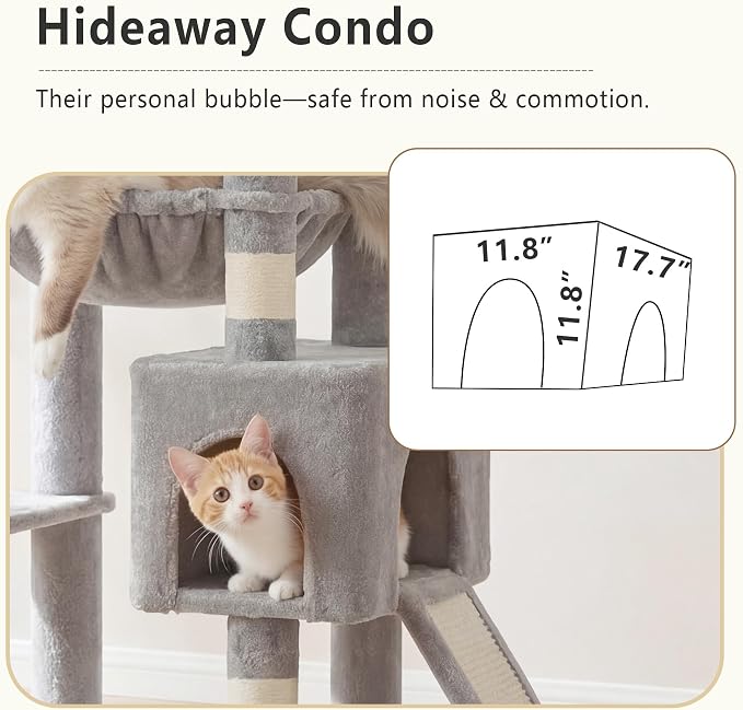 Heybly 64.2" Heavy-Duty Cat Tree for Large Cats with Wide Base HCT027W | Indoor Cat Tower with Scratching Posts & Board, Cat Furniture with Big Platforms, Extra-Large Hammock, Light Gray
