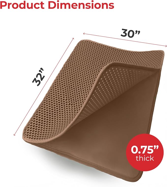 iPrimio Cat Litter Trapper Mat, Waterproof, Double Layer, 32" x 30", Brown | Double layer honeycomb traps scattered litter while the waterproof base blocks urine. Soft on paws and empties in one pour.