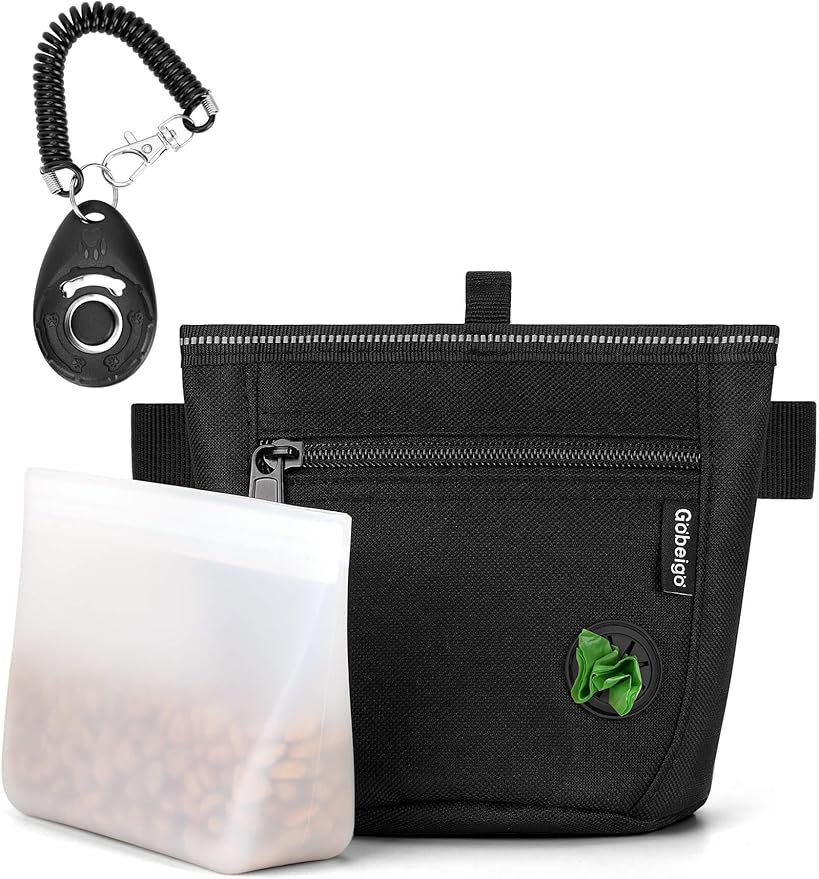 2 Cup Dog Treat Pouch with Silicone Insert Bag& Clicker(Raven) | 2 Pair Magnetic Closures, Zipper Pocket with Poop Bag Holder, Waist Belt & Metal Clip to Wear for Pet Training/Daily Walking
