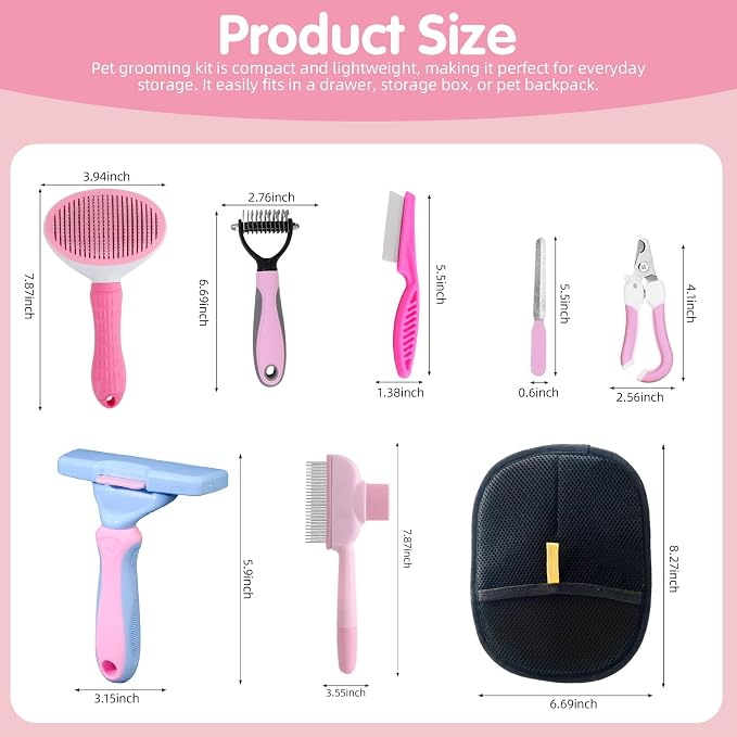 Aglads 8PCS Cat Rabbit Bunny Dog Grooming Kit, Self-Cleaning Slicker Brush & Deshedding Comb, Dematting Tool, Nail Clipper File, Flea Comb, Portable Storage Bag for Long/Short Haired Pets(8, pink)