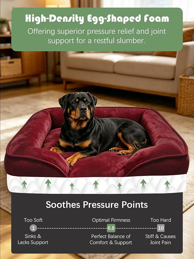 Spotted Play Orthopedic Dog Bed with Sides - Sofa Beds for Extra Large Dogs, Supportive Foam Pet Couch Bed with Washable Removable Cover, Waterproof Lining and Non-Slip Bottom, Burgundy - XL
