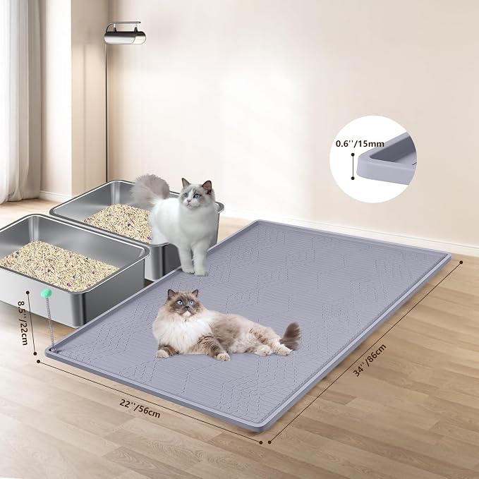 Silicone Cat Litter Box Mat 34'' x 22'' Cat Mat with Toy, Grey | Extra Large Litter Mat with lip, Non-Slip Waterproof Cat Litter Mat Litter Trapping Mat for Floor, Easy to Clean