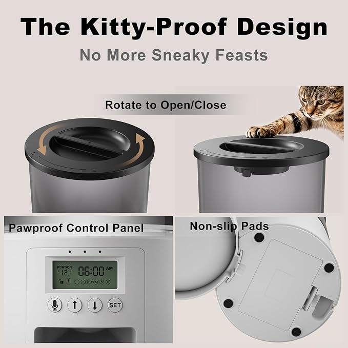 Automated Cat Feeder,Clear 4.2L Dry Food Dispenser with Single Bowl,Programmable Timed Pet Feeder for Up to 6 Daily Meals,10-Second Voice Message & Dual Power Backup (White, 4.2L Press Version)