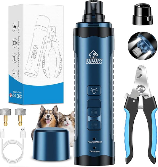 VIWIK Dog Nail Grinder, Dog Nail Trimmers with LED Lights, Pet Nail Clippers Kit for Large Medium Small Dogs & Cats, 2-Speed Quiet Electric USB Rechargeable Pet Paws Grooming Tool Blue