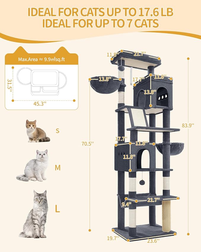 Hzuaneri Tall Cat Tree 84 Inch, Indoor Large Multi-Level Cat Tower | Cat Condo Furniture with 5 Scratching Post, 2 Hanging Basket, 2 Condo, 2 Large Platform, Pet Play House, Dark Grey MS21318SG