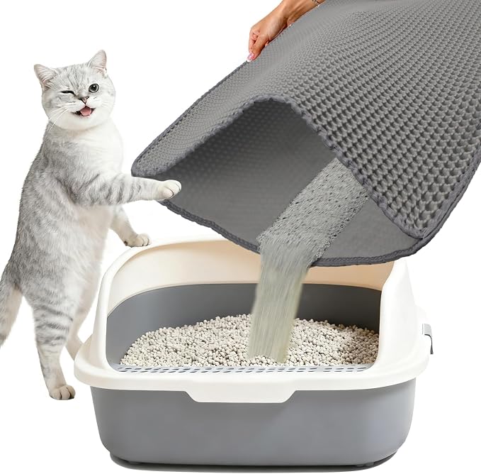 Cat Litter Box Mat,Double-Layer Honeycomb Litter Trap 47"x28" Gray | Catches Scattered Particles to Stop Tracking,Waterproof Design Urineproof Base Protects Floors, Easy to Clean, Indoor Cats