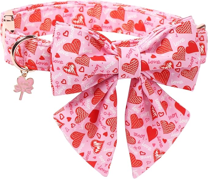 DOGWONG Valentine's Day Dog Collar with Bow Tie - Adorable Pet Collar Red Hearts with Rose Gold Buckle for Large Medium Small Dog Walking, L