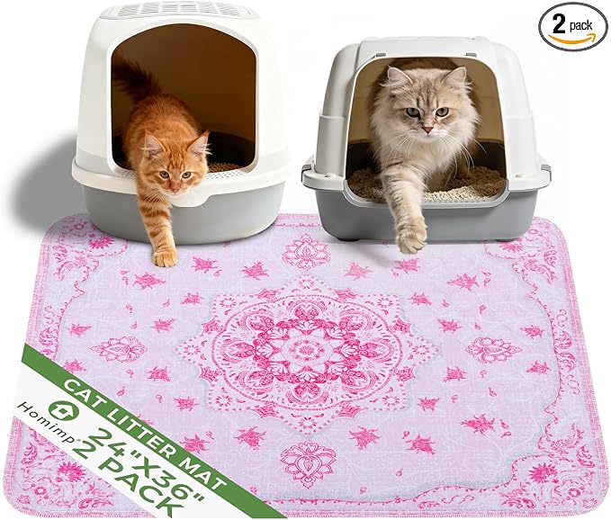 Homimp Cat Litter Mat, Litter Trapping Mat 2 Pack, Contains Mess from Box, Protects Floors,Urine Waterproof,Non-slip,Less Waste Cat Litter Box Mat,Soft on Kitty’s Paws,Washable,Absorbent,Pink 24"X36"