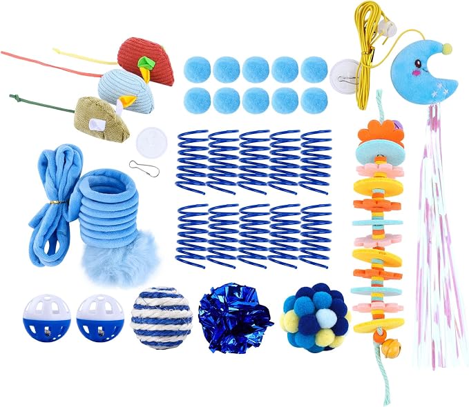 Geila Interactive Cat Toys Bundle – 31 Piece Kitten Cat Toy Set with Door Hanging Teaser, Bell, Fuzzy Balls, Springs, Teething Stick & Catnip Mouse – Fun Indoor Play for Cats & Kittens (Blue)