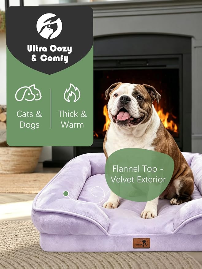 Spotted Play Orthopedic Dog Bed with Sides - Sofa Beds for Large Dogs, Supportive Foam Pet Couch Bed with Washable Removable Cover, Waterproof Lining and Non-Slip Bottom, Purple - L