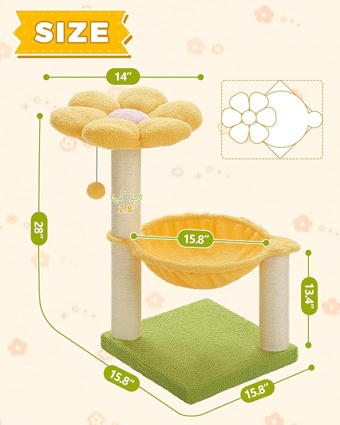 MUTTROS 28" Flower Cat Tree Cute with Flower Top Perch, Large Hammock for Indoor Small Cats, Small Cat Tower with Cute Scratching Post and Fur Toy Ball for Kittens, Yellow