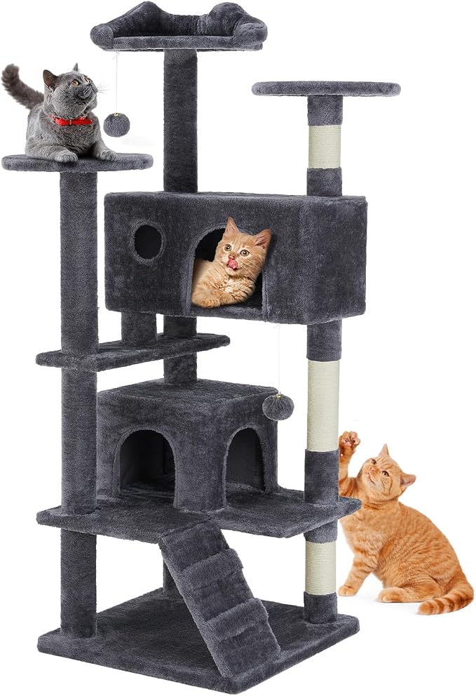 DUMOS 54 Inch Cat Tree Tower with Scratching Posts | Indoor Multi-Level Pet House for Large Cats with 2 Condos, Round Platform, Small Ladder and Toys, Dark Grey