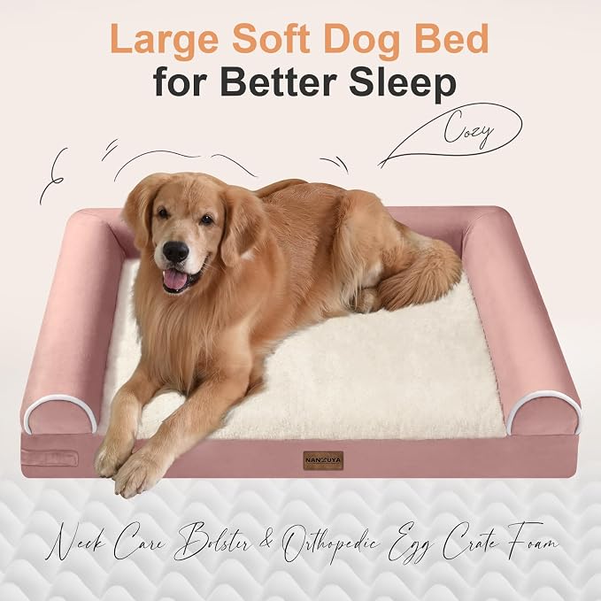 NANUYA Orthopedic Dog Bed for Medium Dogs, 30 x 20 Inch, Pink | Egg crate foam for joint support, 3-sided bolster pet sofa, waterproof lining, washable cover, and non-skid base