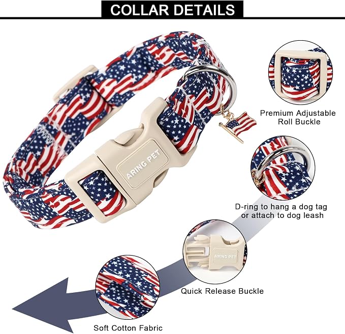 ARING PET 4th of July Collars for Dogs, Fourth of July Patriotic American USA Flag Red White Blue Dog Collar for Puppy Small Medium Large Boy Girl Doggy-M