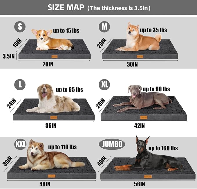 Patas Lague Orthopedic Large Dog Bed Pet Crate Mat 56''X40'' Dark Grey | Egg-Crate Foam Dog Couch For Large Sized Dogs, Waterproof Removable Cover, Soft Pet Bed With Nonskid Bottom