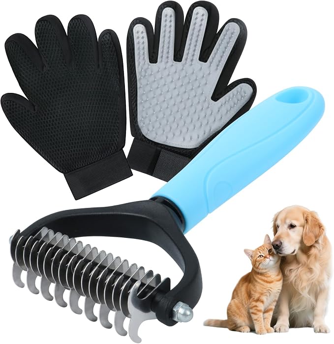 Cat & Dog Grooming Gloves for Shedding Brushes 1 Pair and Pet Grooming Rake 1PC, Double Sided Dematting, Deshedding Brush & Massage, Safe for Dogs & Cats