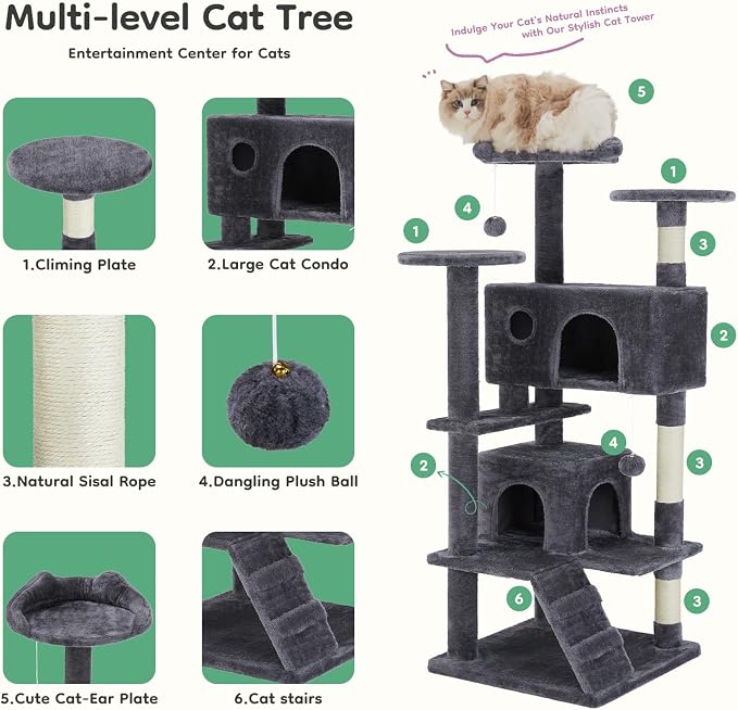 DUMOS 54 Inch Cat Tree Tower with Scratching Posts | Indoor Multi-Level Pet House for Large Cats with 2 Condos, Round Platform, Small Ladder and Toys, Dark Grey
