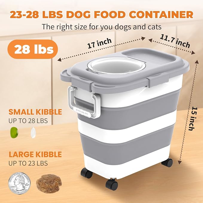 HOYTAMDAR 25-28lb Collapsible Dog Food Storage Container,Dog Food Container | Pet Food Storage Container with Airtight Lid,Wheels,Handle,Measuring Scoop&Small Container For Dog Cat Bird Seed